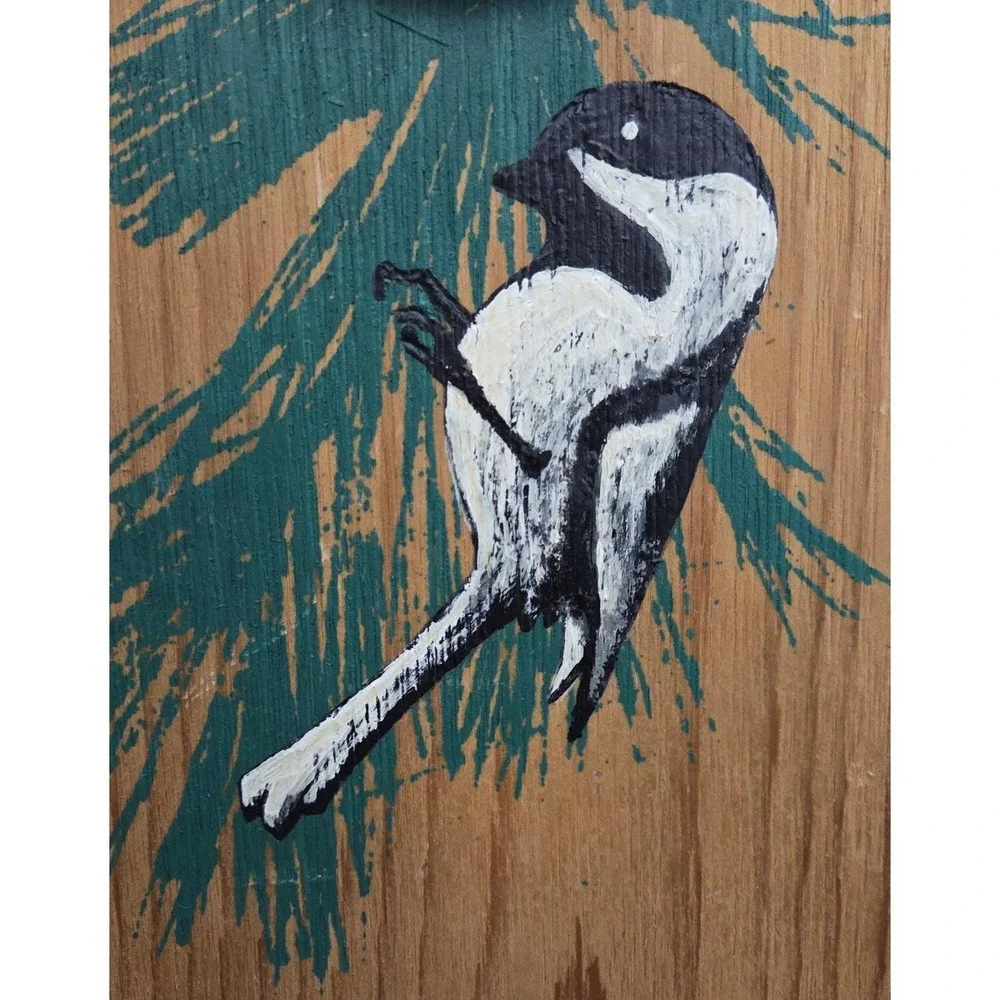 Wooden Clock Handcrafted Alan Buss Chickadee‎ Pine Bough Handcrafted Handpainted